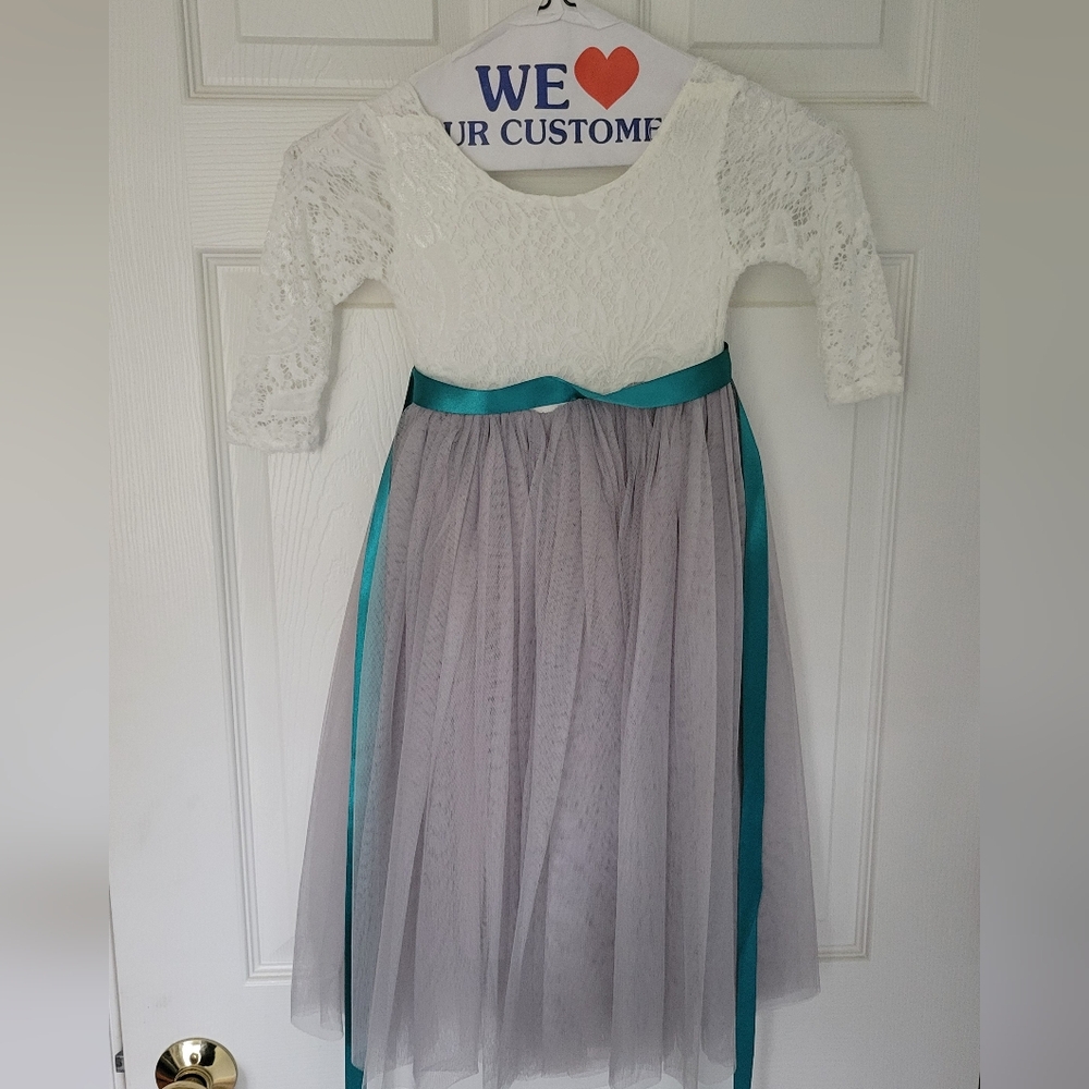 White and Gray Lace Dress with Teal Ribbon